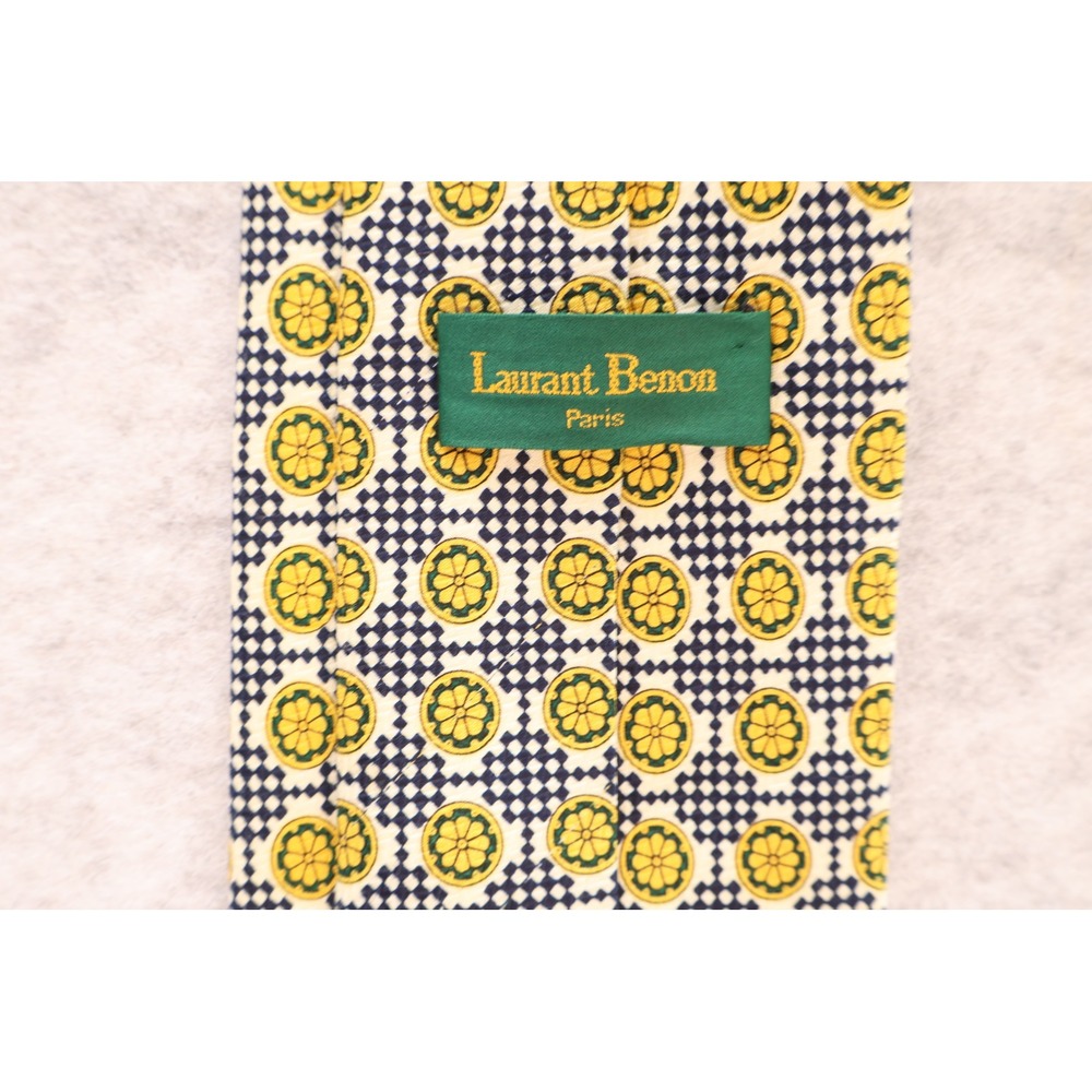 Laurant Benon Paris Mens Tie Navy Yellow Geometric Floral Pattern Polyester